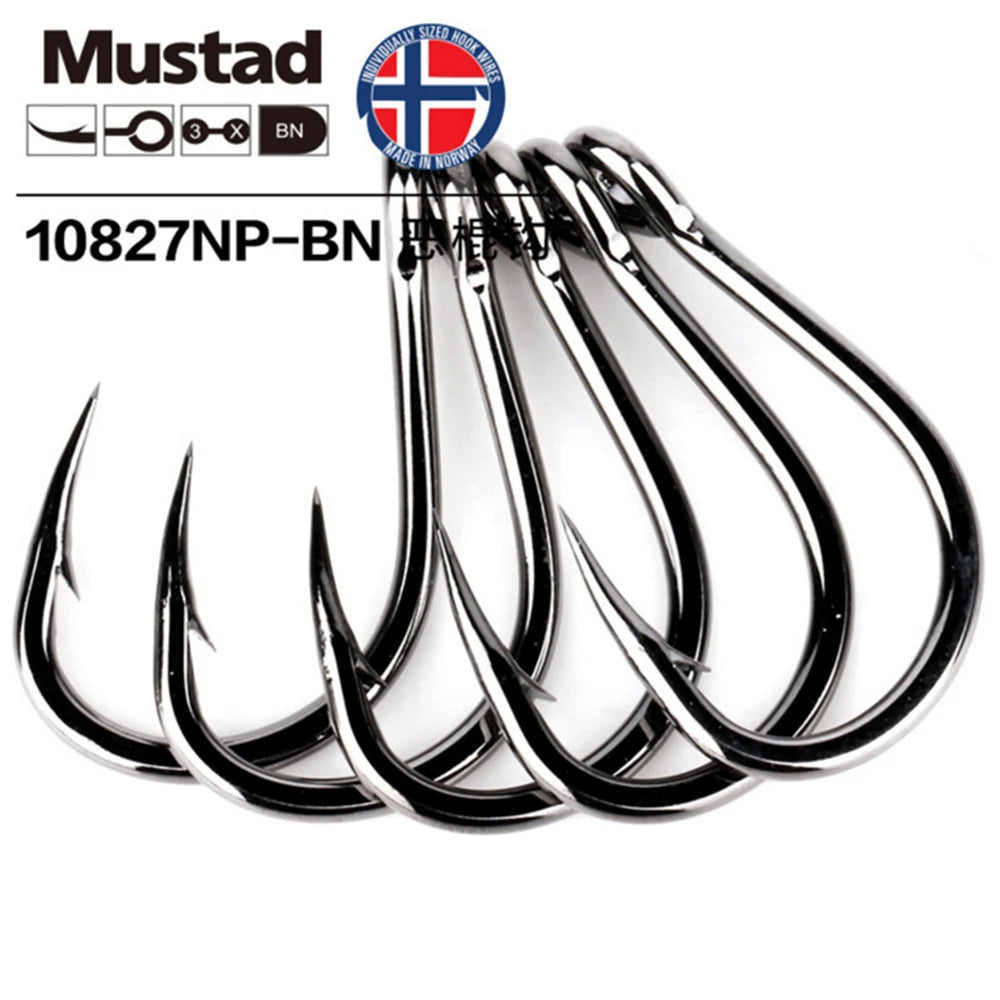 Mustad 10827NP-BN 3X Strong #1-12/0 Jigging Lure Livebait Hooks Sea Tuna Barbed Jig Hook For Saltwater Big Game Trolling Fishing