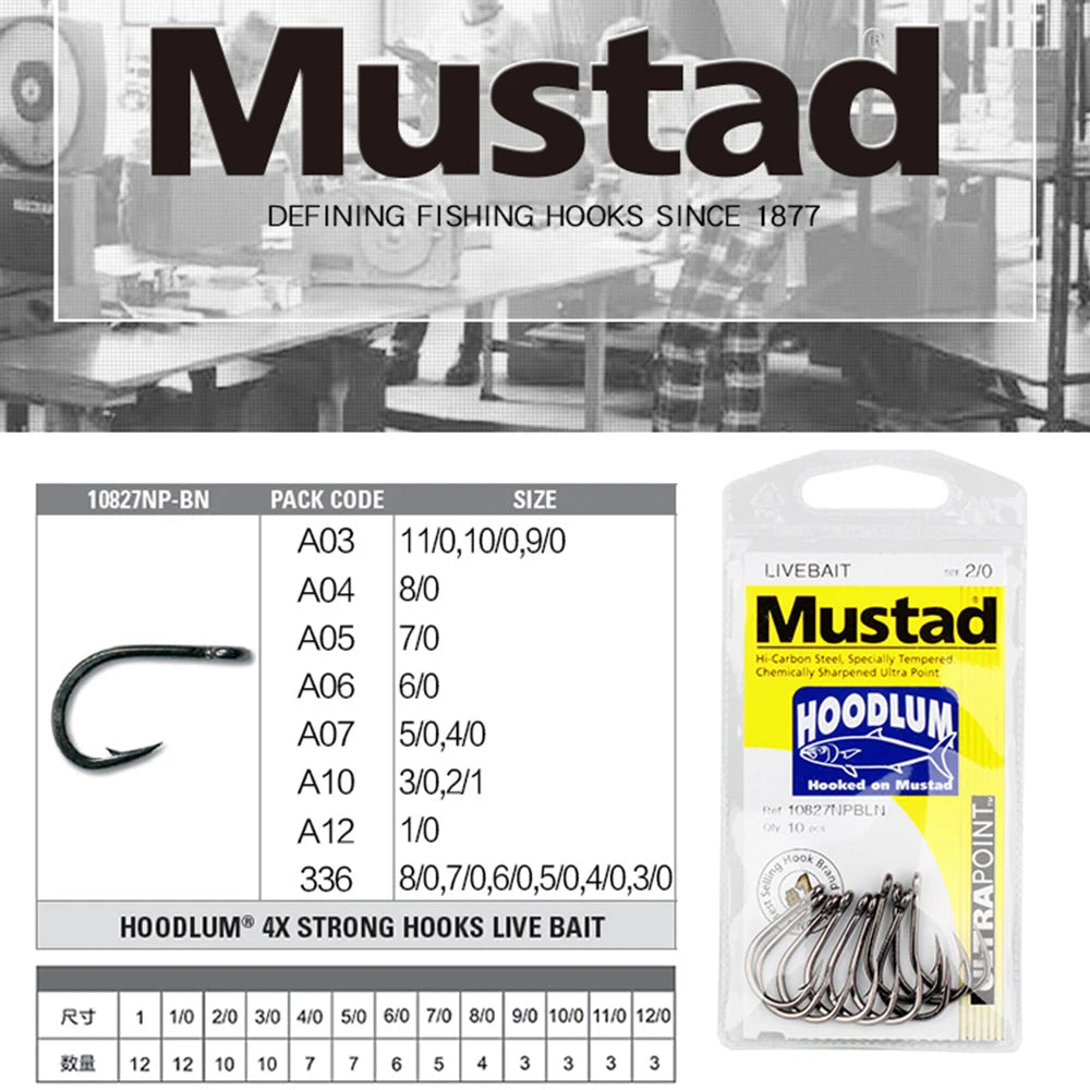 Mustad 10827NP-BN 3X Strong #1-12/0 Jigging Lure Livebait Hooks Sea Tuna Barbed Jig Hook For Saltwater Big Game Trolling Fishing