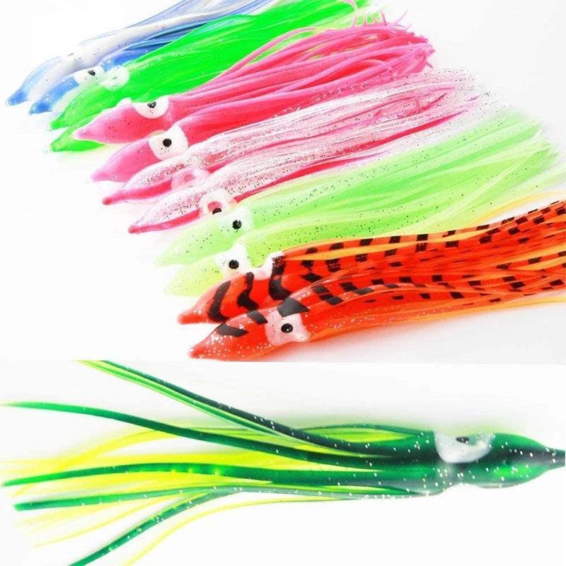 PRO BEROS 5Pcs Soft Luminous Octopus Skirts Lure 5-12cm Silicone Tuna Trolling Skirted Squid Jigging Sea Fishing Glow Bait