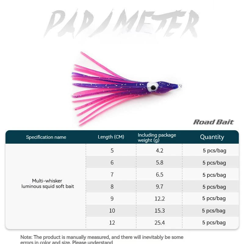 PRO BEROS 5Pcs Soft Luminous Octopus Skirts Lure 5-12cm Silicone Tuna Trolling Skirted Squid Jigging Sea Fishing Glow Bait