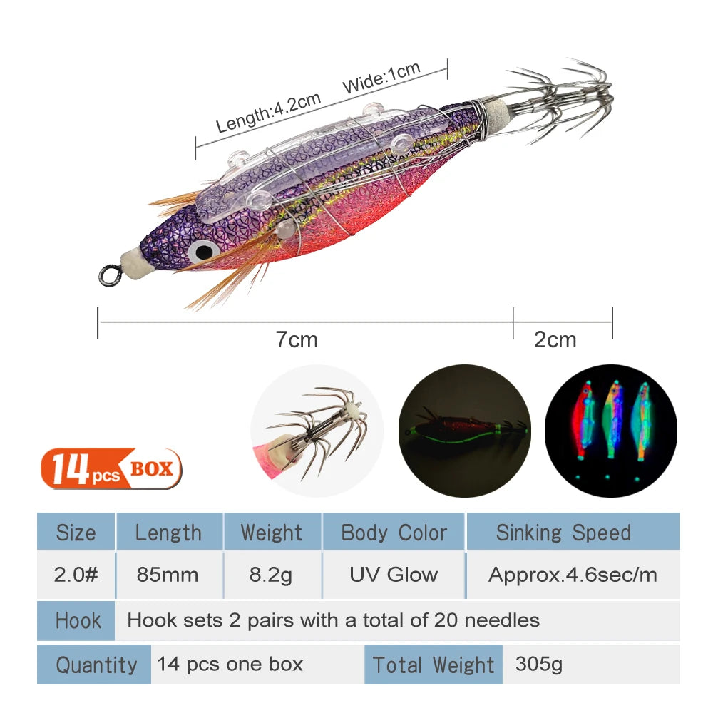 14pcs Luminous Squid Lures - 85mm 8.2g Jig for Squid, Octopus & Cuttlefish Fishing