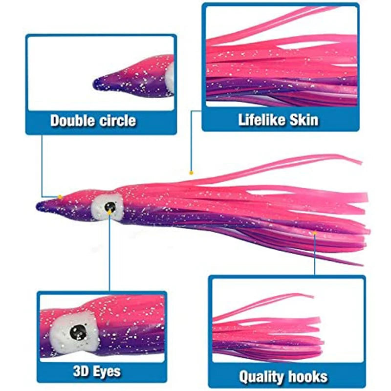 PRO BEROS 5Pcs Soft Luminous Octopus Skirts Lure 5-12cm Silicone Tuna Trolling Skirted Squid Jigging Sea Fishing Glow Bait
