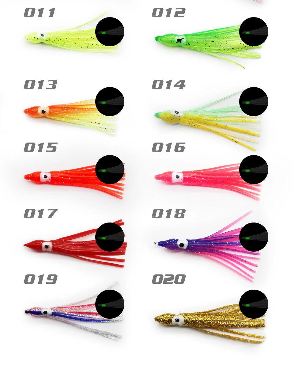 PRO BEROS 5Pcs Soft Luminous Octopus Skirts Lure 5-12cm Silicone Tuna Trolling Skirted Squid Jigging Sea Fishing Glow Bait