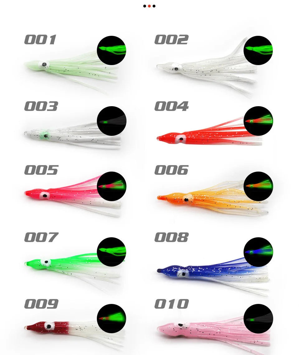PRO BEROS 5Pcs Soft Luminous Octopus Skirts Lure 5-12cm Silicone Tuna Trolling Skirted Squid Jigging Sea Fishing Glow Bait