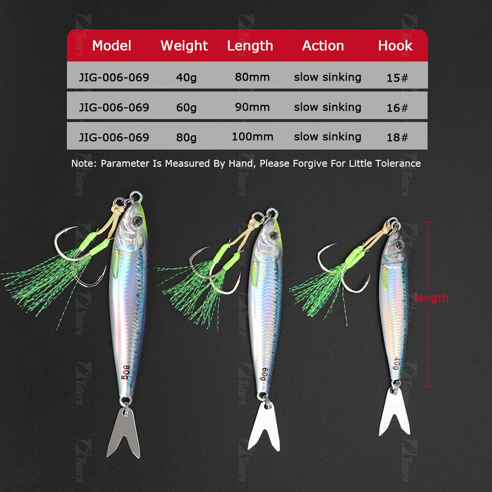 Fast Sinking Metal Jig Lure 40g 60g 80g Saltwater Shore Casting Fishing Lure Vertical Metal Jig