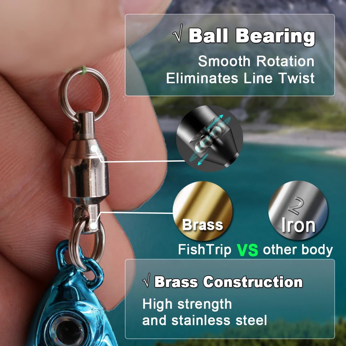 FishTrip Ball Bearing Swivels with Split Ring 20~100Pack Heavy Duty Stainless Steel Saltwater Fishing Connector Terminal Tackle