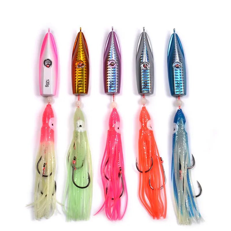 200g Slow Sinking Fishing Jig - Soft Squid Rubber Skirts for Targeting Bottom Dwellers